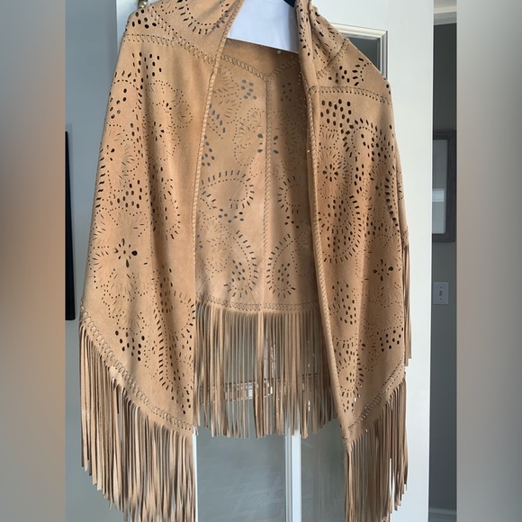 Beige Tan Fringe Suede like Shawl Wrap - Picture 8 of 12